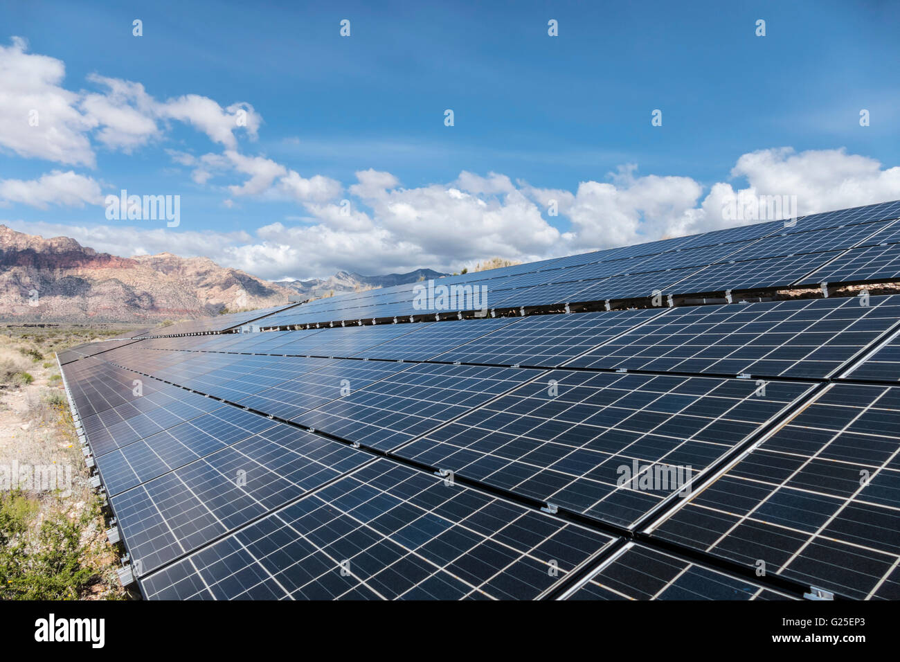 Solar panels with Mojave desert background at Red Rock Canyon National