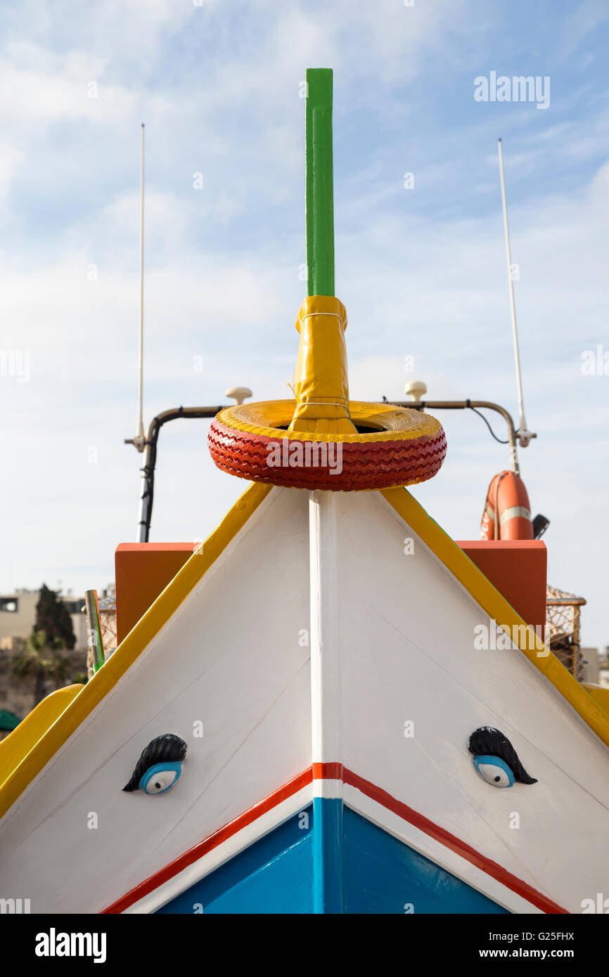 Eye of Horus on traditional painted fishing boat, Marsaxlokk, Malta Stock Photo