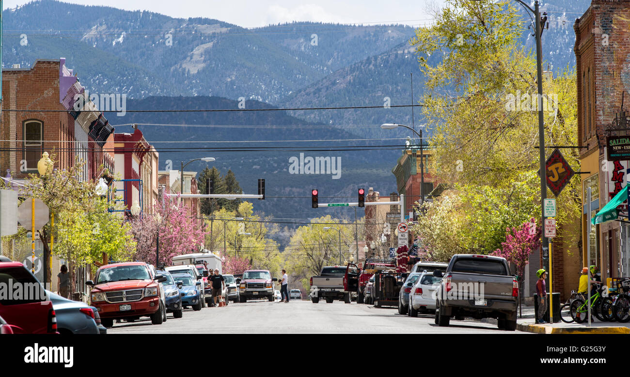 'F' Street; or the main street; in the small mountain town of Salida; Colorado; USA Stock Photo
