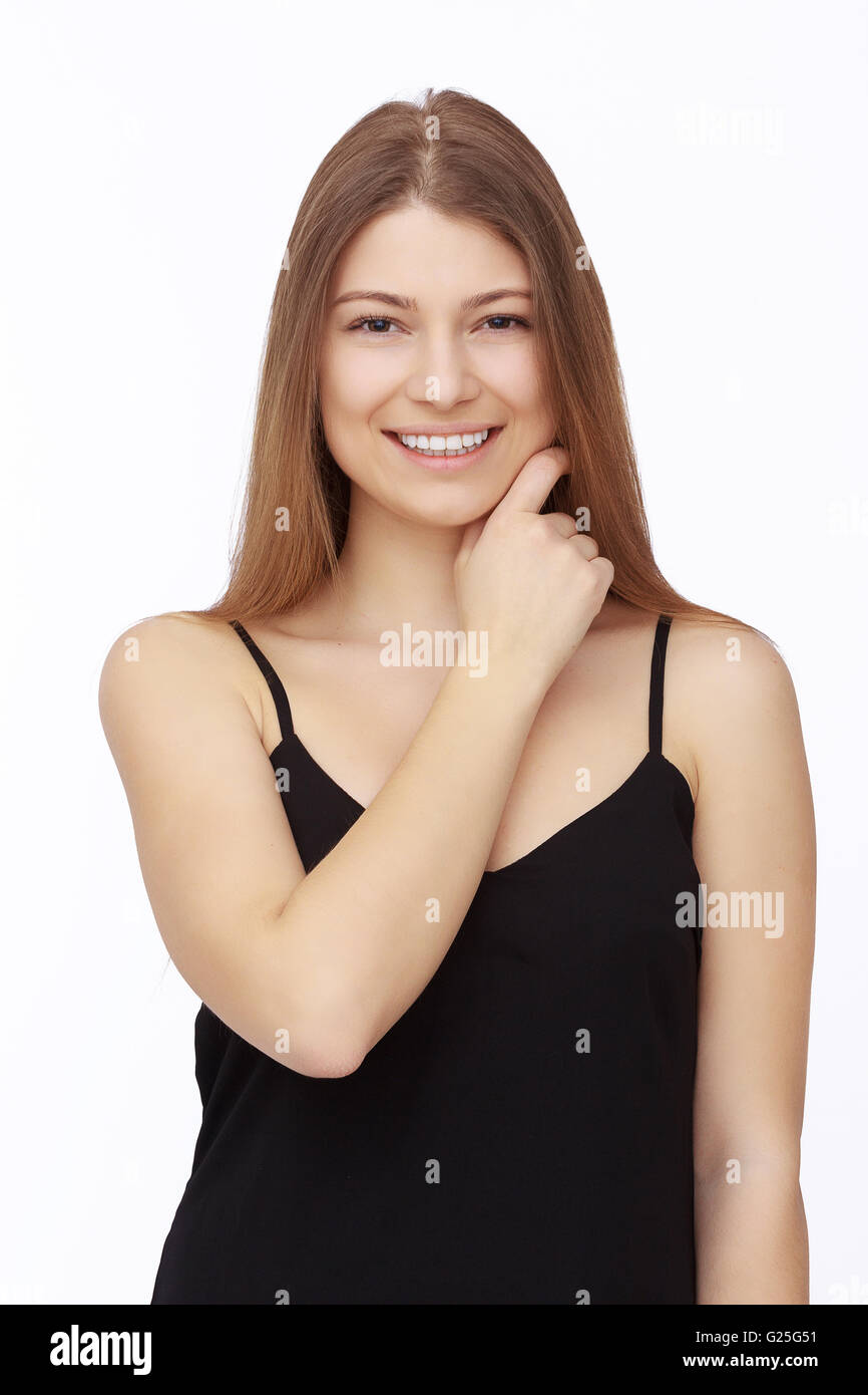 Happy young woman isolated on white background Stock Photo - Alamy