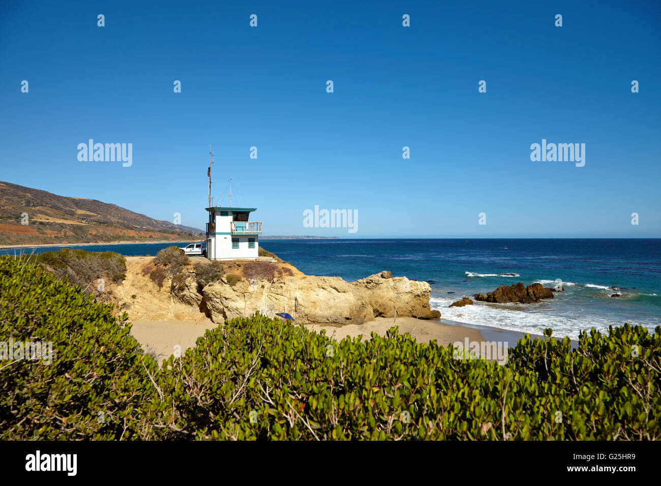 Lifeguard hut on the Malibu beach. Stock Photo