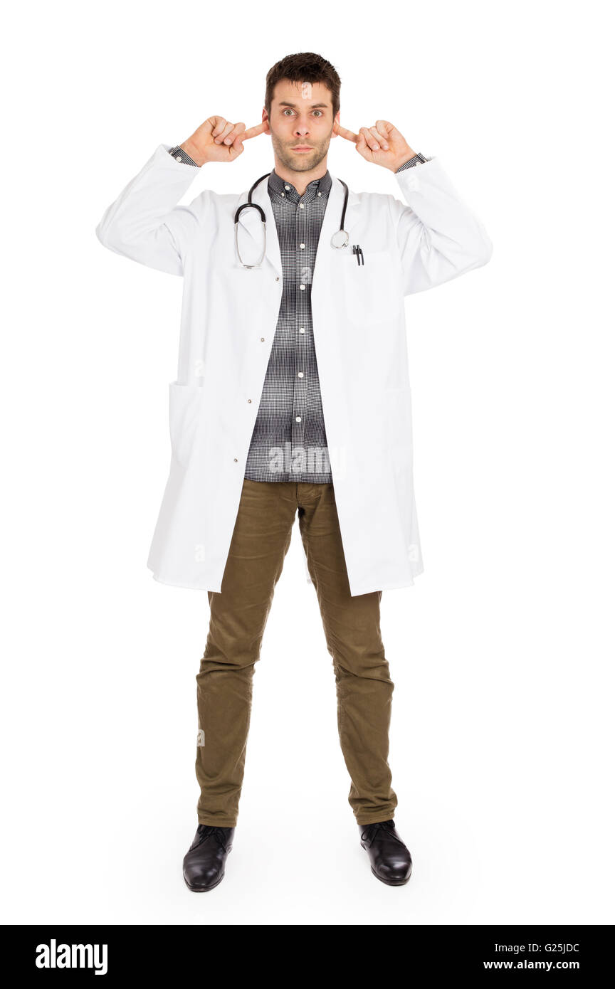 Doctor isolated on white - Hears no evil - Concept for not rocking the boat in medical circles Stock Photo