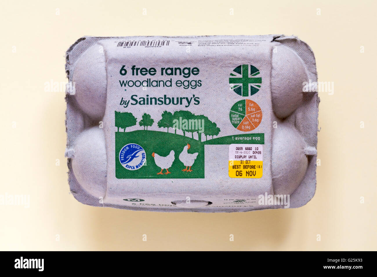 Carton of 6 free range woodland eggs by Sainsburys isolated on pale