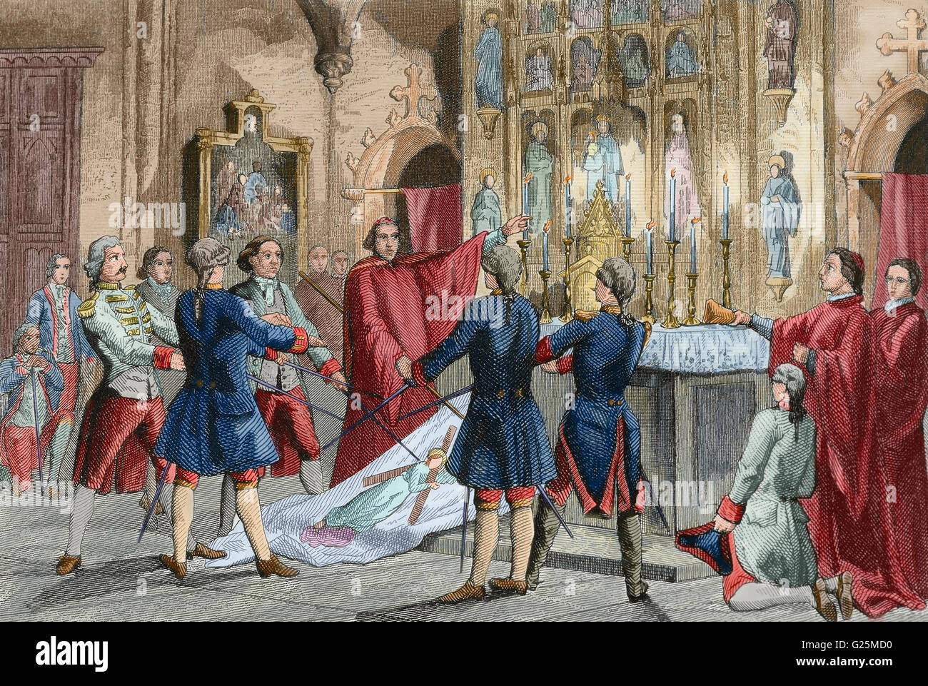 War of Spanish Succession (1702-1715). Oath of the captains of Barcelona who commands the troops of Antonio de Villarroel, Commander in Chief of the Army of Catalonia. Engraving by Urbadieta and J. Nicolau. 19th century. Colored. Stock Photo