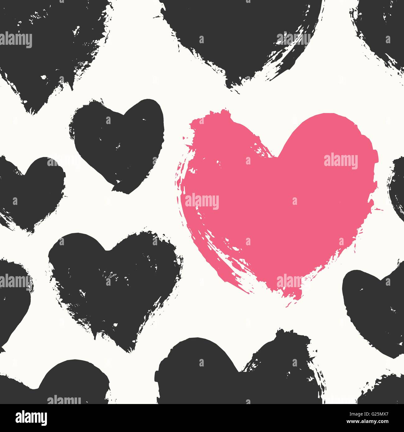 Hand drawn seamless repeat pattern with hearts in black and pink on ...