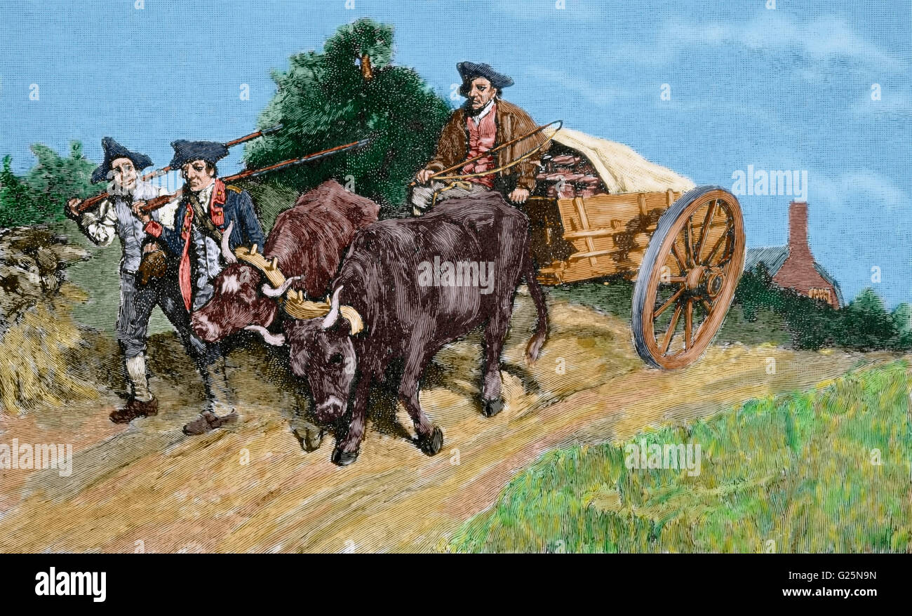American Revolutionary War (1775-1783). Colonists drive a cart with powder for the Battle of Bunker Hill, 1775. Engraving by Howard Pyle in Harper's Magazine, 1886. Colored. Stock Photo