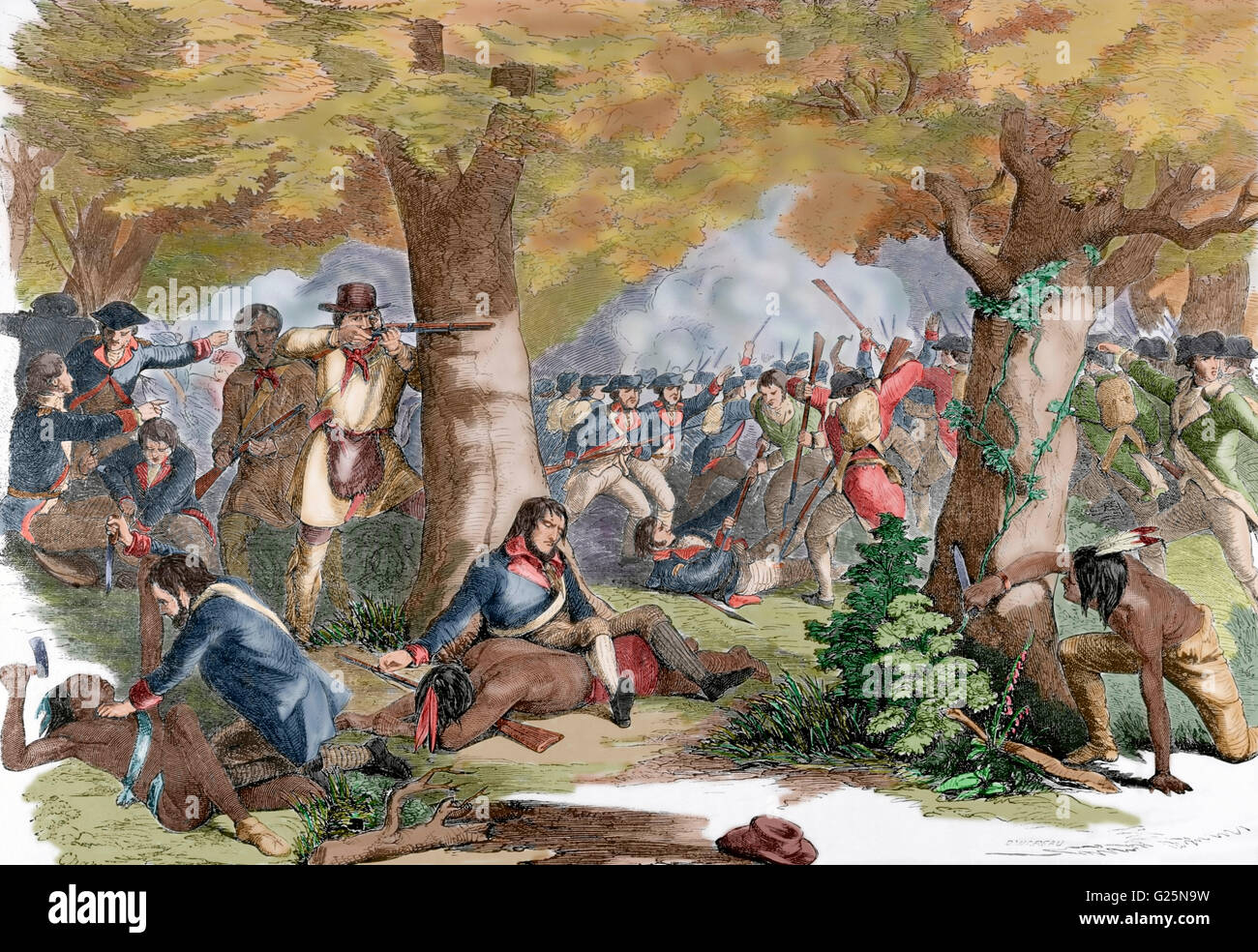 American Revolutionary War (1775-1783). Battle of Oriskany (August 6, 1777). Fight between Loyalists and allied Indians against Patriots and allied Oneida in the absence of British soldiers. Death of Brigadier General Nicholas Herkimer (1728-1777). Engraving by Damoreau. Colored. Stock Photo