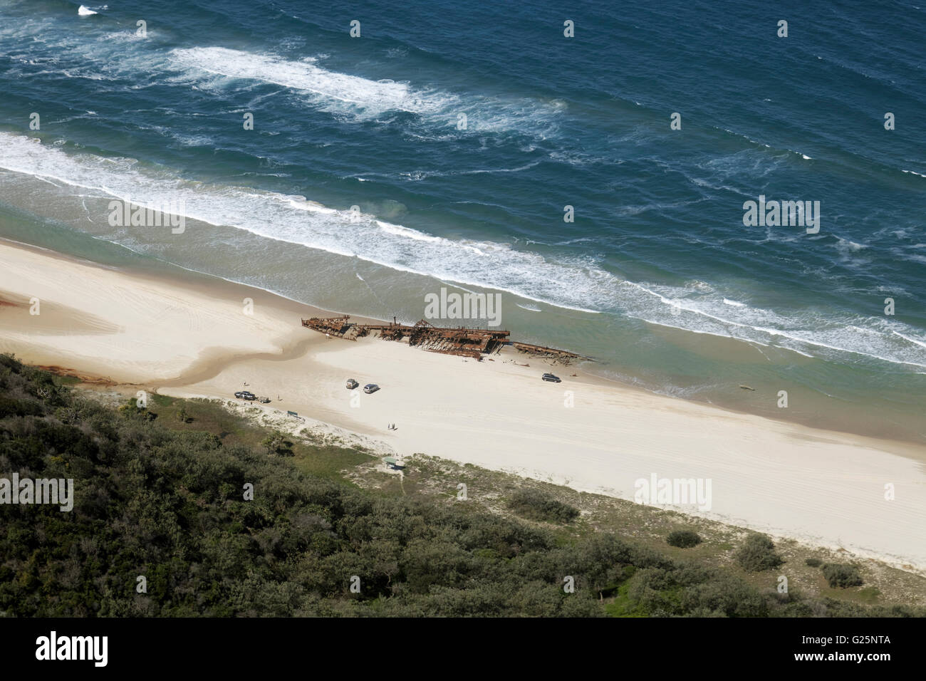 Aerial View, wreck, luxury liner SS. Maheno, ran aground on the beach on 09.07.1935 during storm, 75 Mile Beach Road Stock Photo