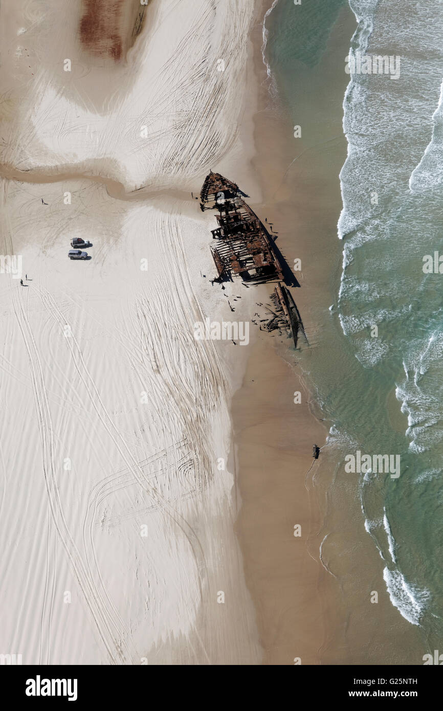 Aerial View, wreck, luxury liner SS. Maheno, ran aground on the beach on 09.07.1935 during storm, 75 Mile Beach Road Stock Photo