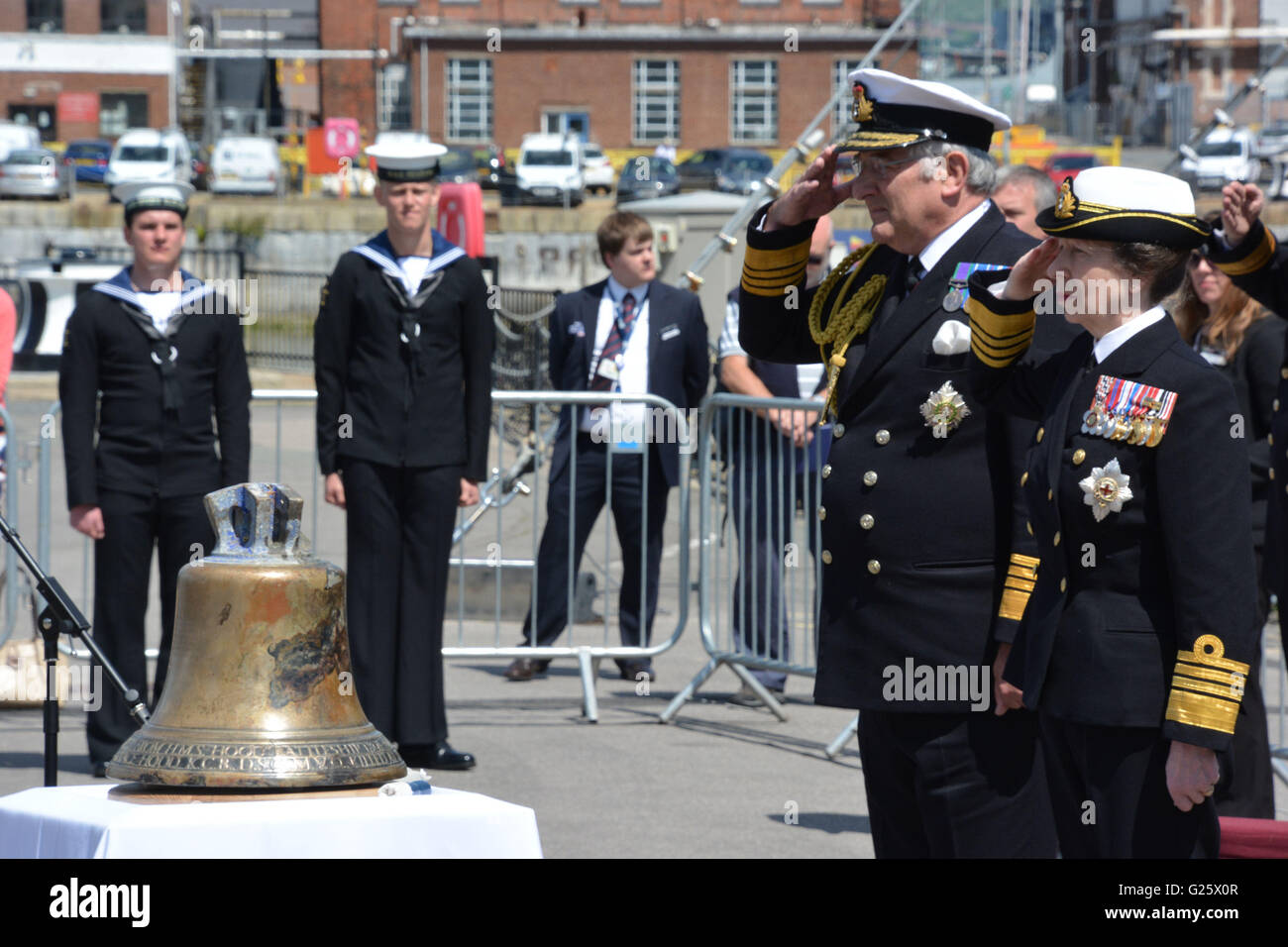 The Princess Royal unveils the bell from HMS Hood at Portsmouth Historic Dockyard, to mark the 75th anniversary of the Royal Navy's largest loss of life from a single vessel. Stock Photo