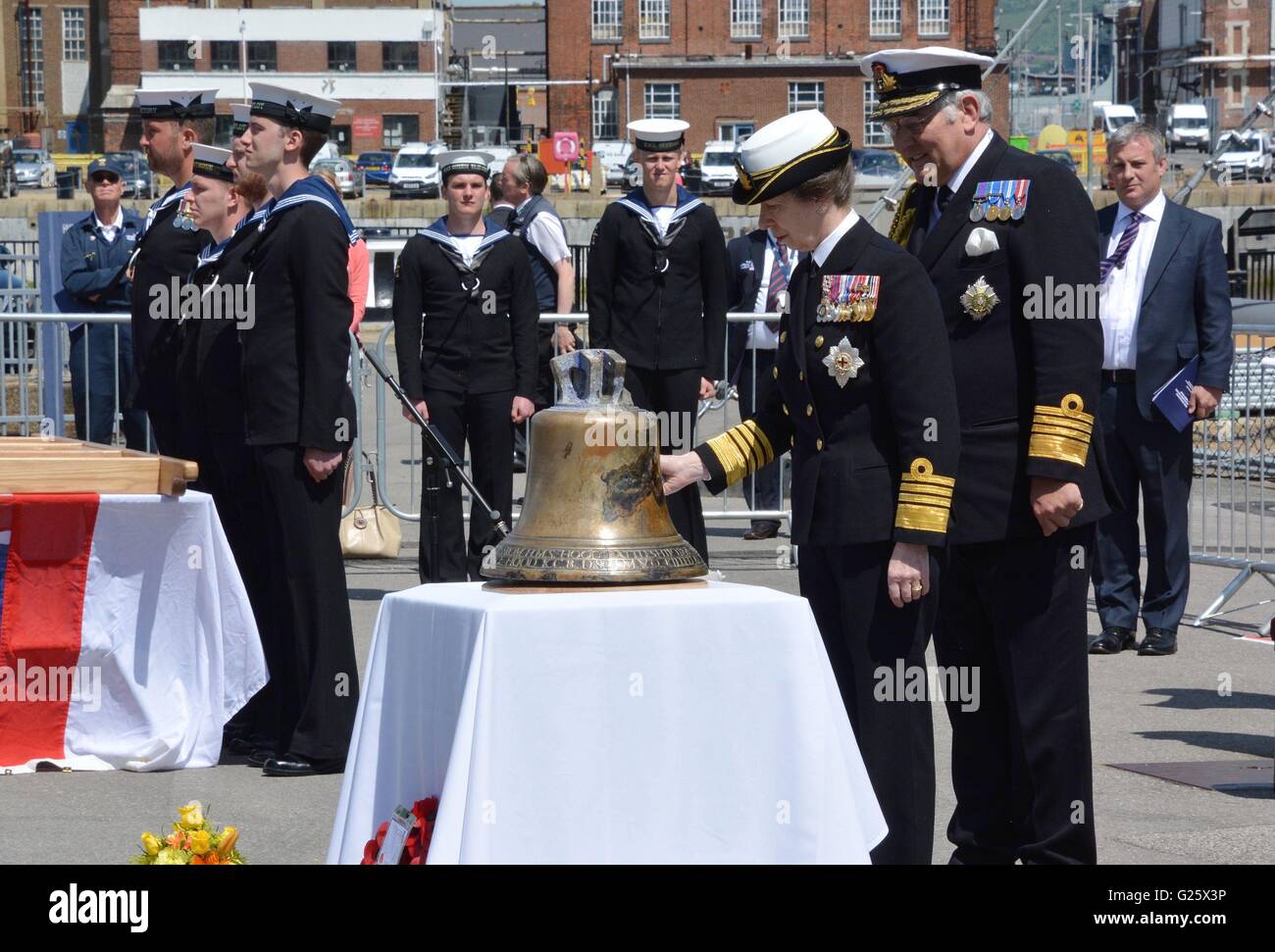 The Princess Royal rings the bell from HMS Hood during its unveiling ceremony at Portsmouth Historic Dockyard, to mark the 75th anniversary of the Royal Navy's largest loss of life from a single vessel. Stock Photo