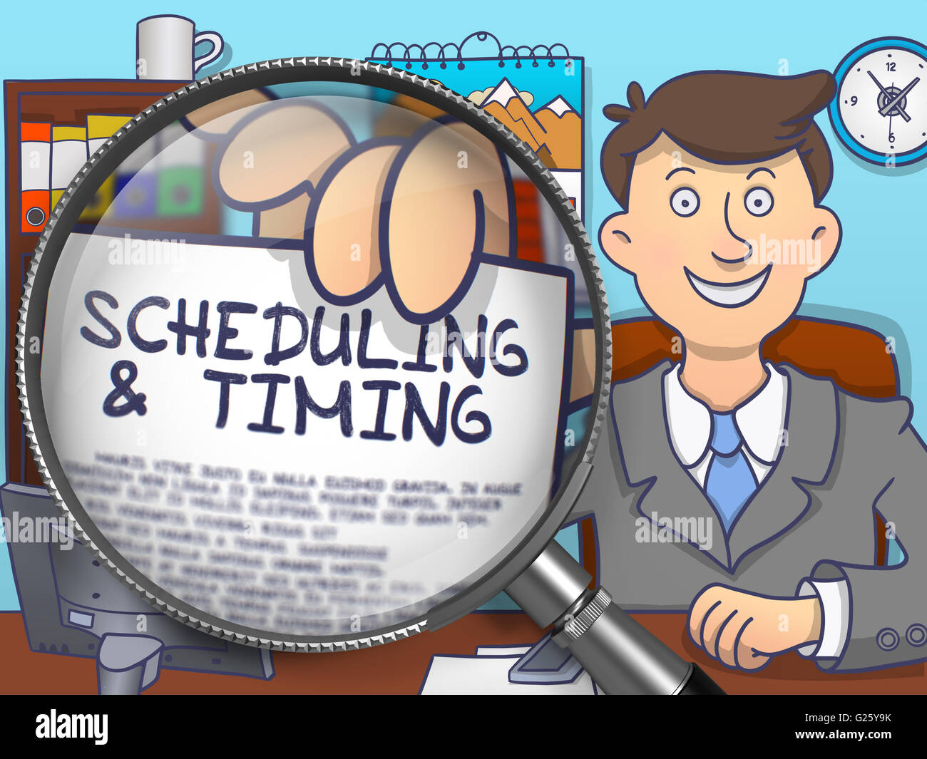 Scheduling and Timing through Magnifying Glass. Doodle Style. Stock Photo