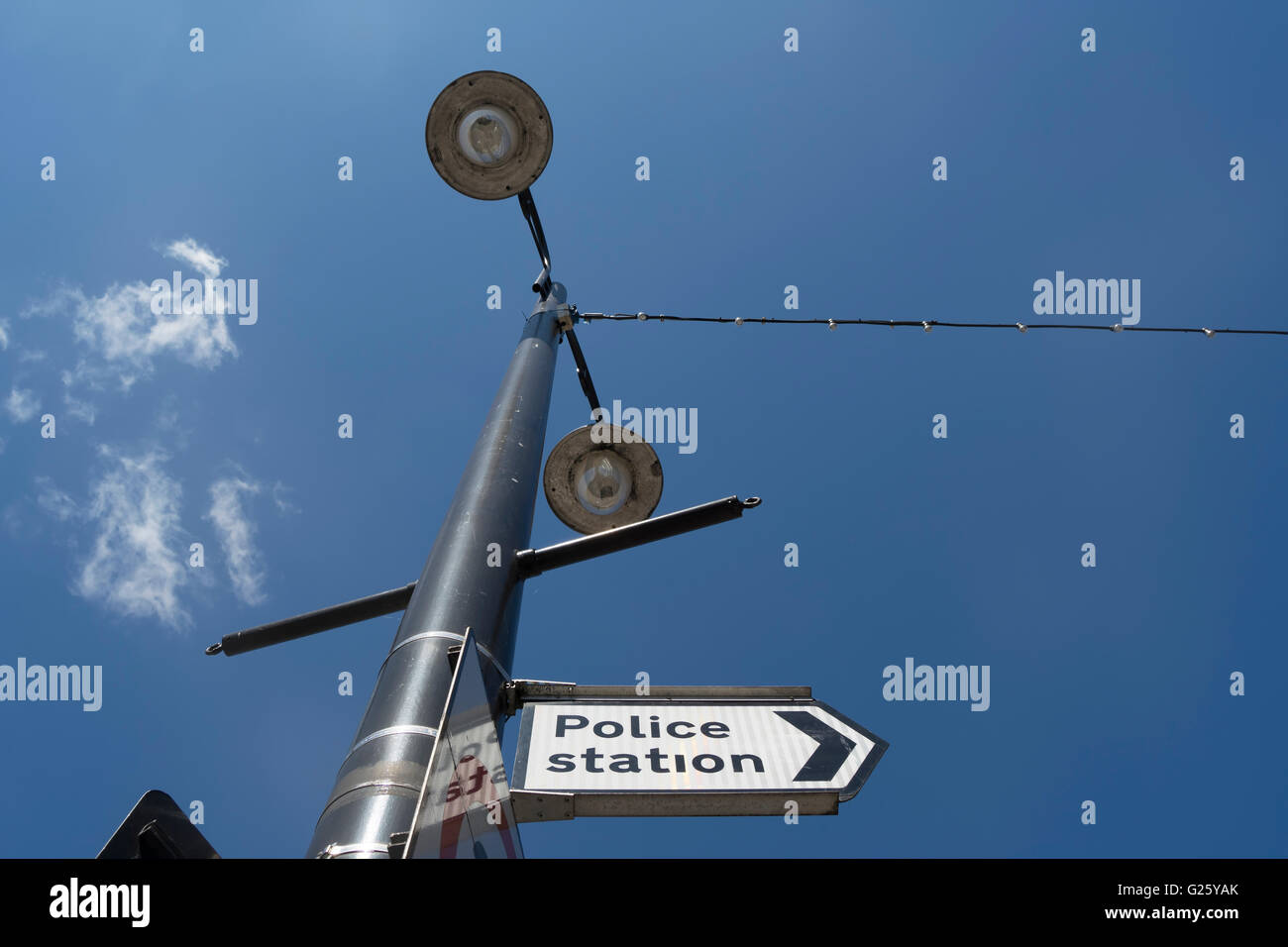 right pointing sign showing direction to a police station, new malden