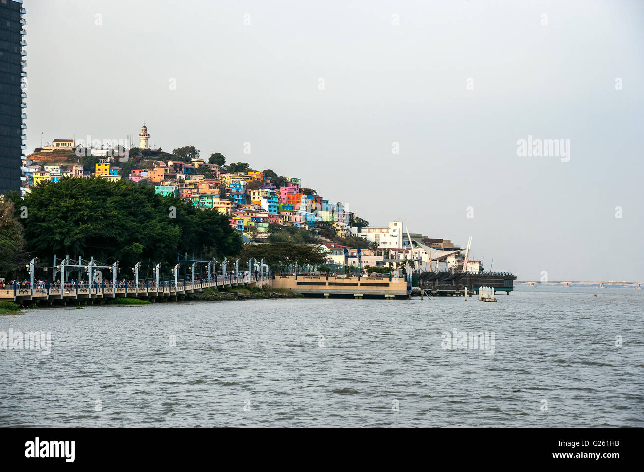 View of Santa Ana hill and the Las Penas neighborhood in Guayaquil, Ecuador with a lighthouse on top Stock Photo