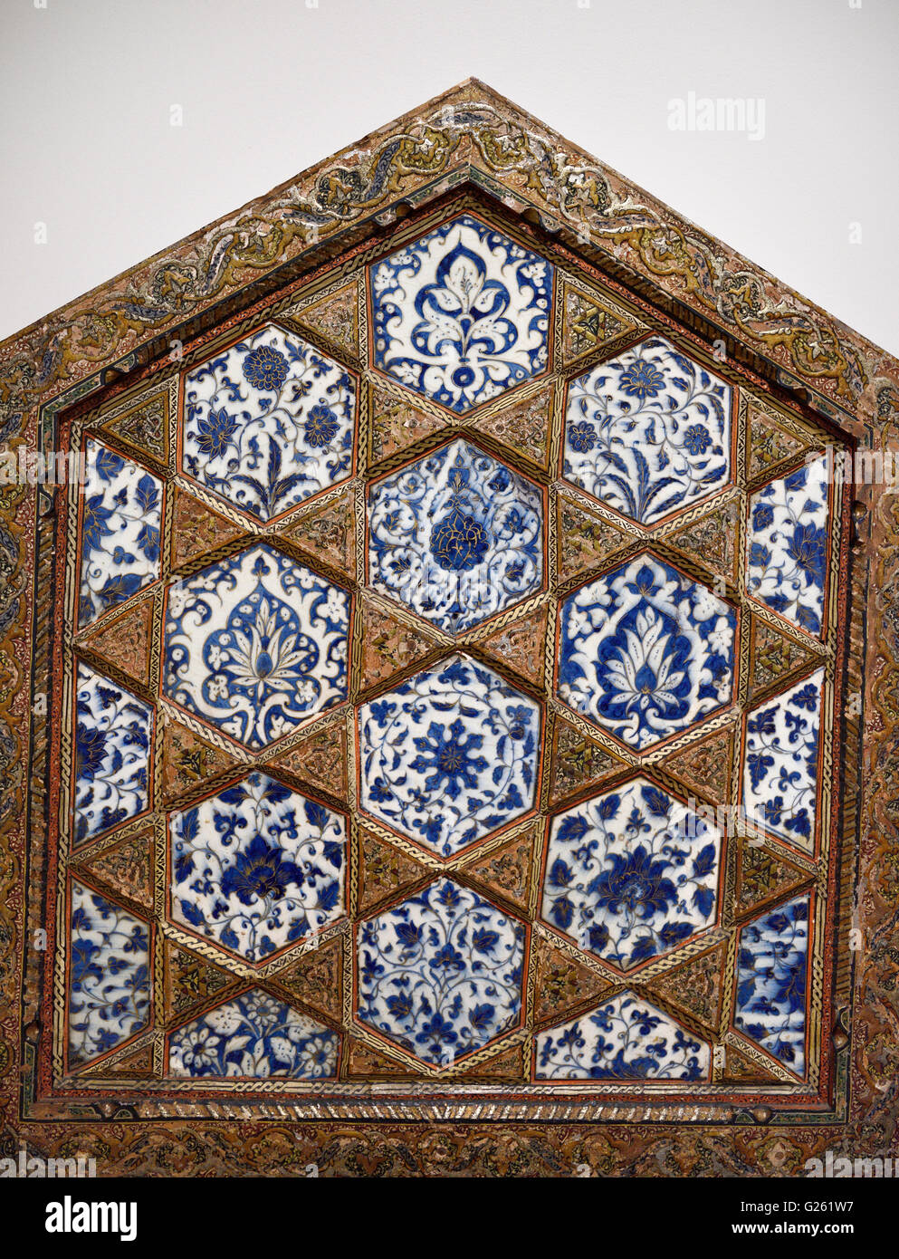 15th Century Underglaze painted fritware Revetment tile wood frame Syria Stock Photo