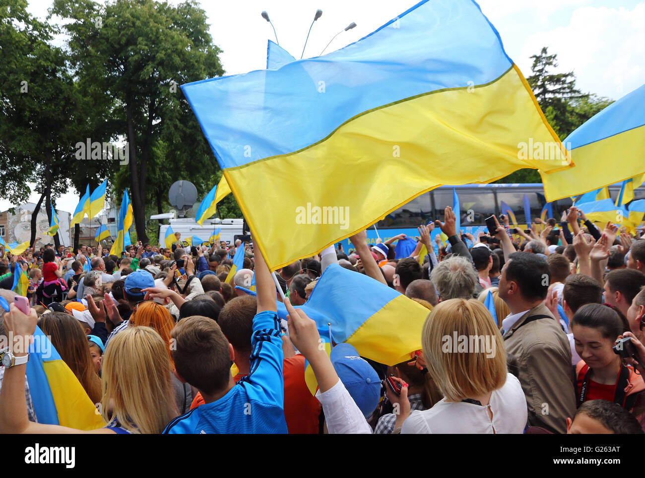 KYIV, UKRAINE - MAY 22, 2016: Supporters of the National Football Team of Ukraine at the Ceremony of the Departure for the European Championship 2016. Mykhailivska Square in Kyiv, Ukraine Stock Photo