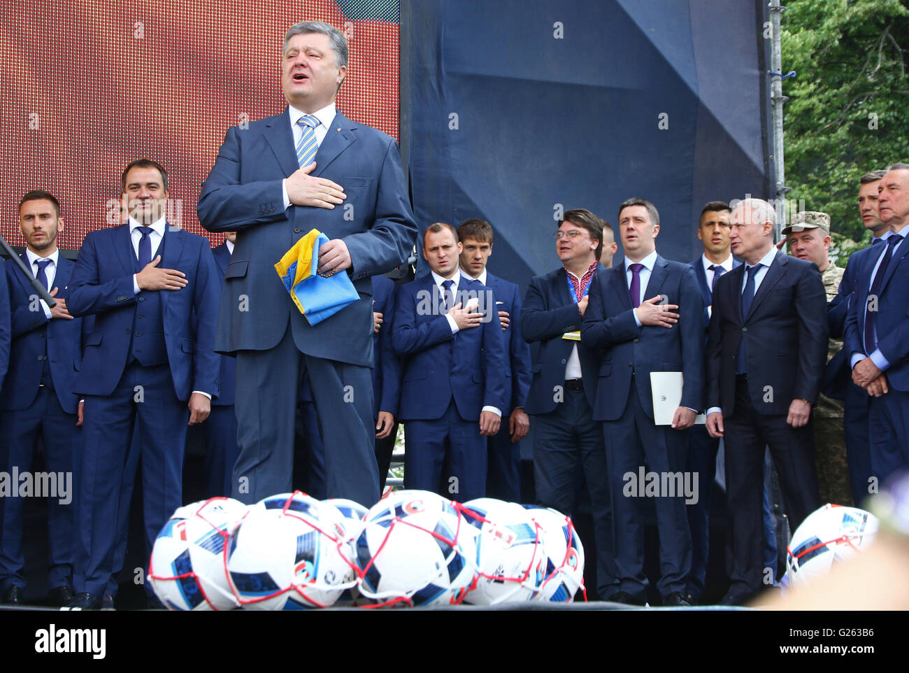 President of Ukraine Petro Poroshenko sings national anthem at the Ceremony of the Departure of the National Team of Ukraine Stock Photo