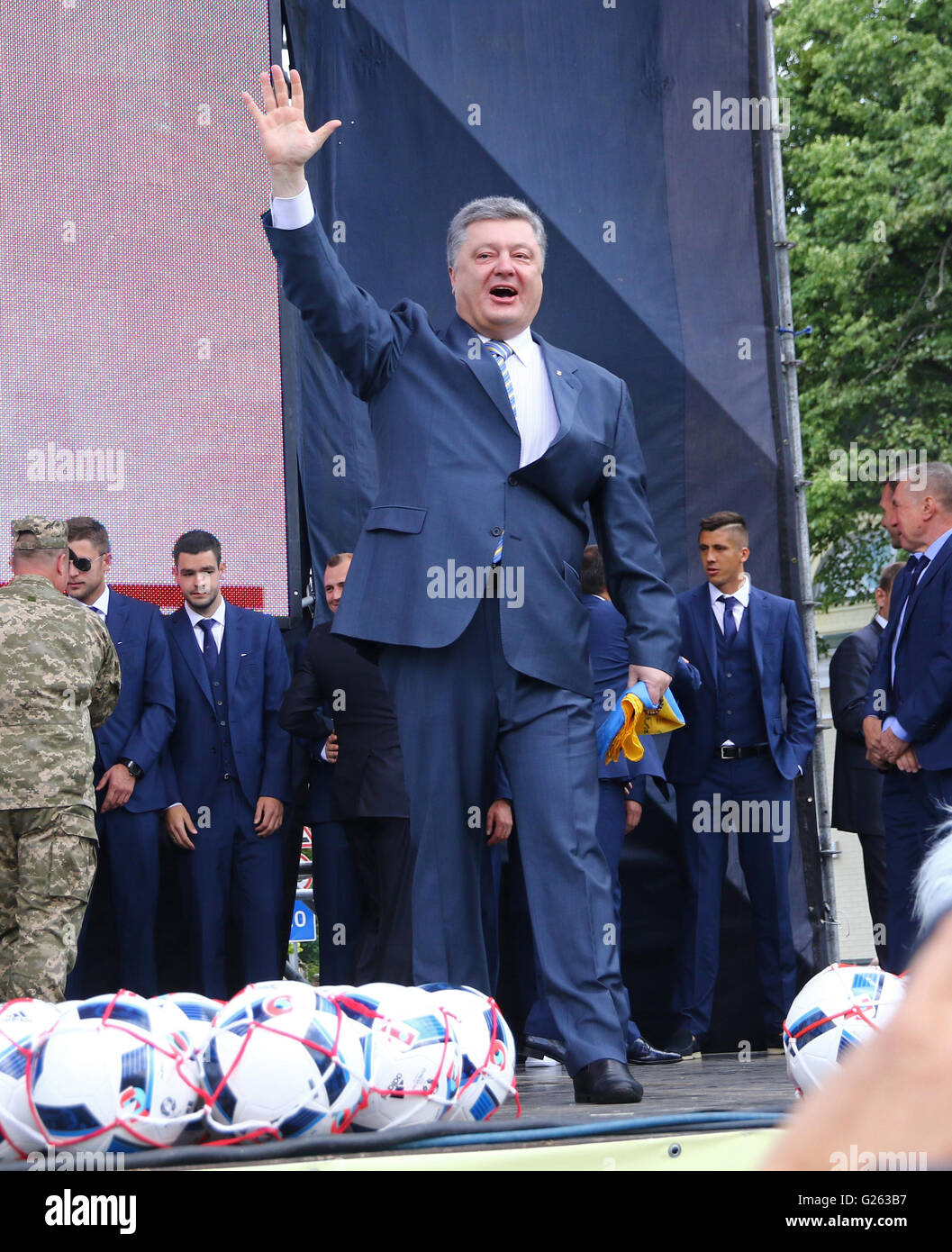 President of Ukraine Petro Poroshenko greets people at the Ceremony of the Departure of the National Football Team of Ukraine Stock Photo