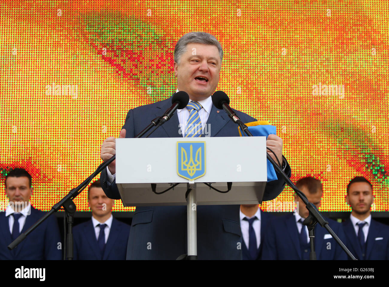KYIV, UKRAINE - MAY 22,2016: Expressive speech by the President of Ukraine Petro Poroshenko at the ceremony of the Departure of the National Football Team of Ukraine for the European Championship 2016 Stock Photo