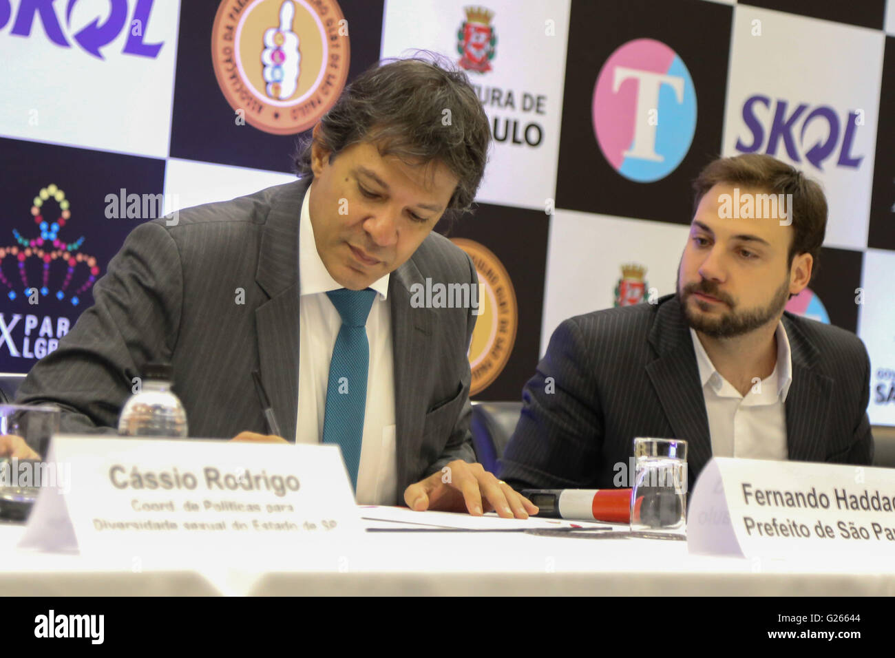 SAO PAULO, Brazil - 05/24/2016: PRESS CONFERENCE OF 20 ? PARADE LGBT PRIDE - happened on the morning of Tuesday (24) Media Collective the 20th LGBT Pride Parade in Sao Paulo with the presence of Mayor Fernando Haddad at the Renaissance Hotel located at Alameda Santos, 2233 - Jardim Paulista. Pictured Mayor Fernando Haddad signed the decree that includes LGBT Pride Parade in the official calendar of events of S?o Paulo. (Photo: Jales Valquer / FotoArena) Stock Photo