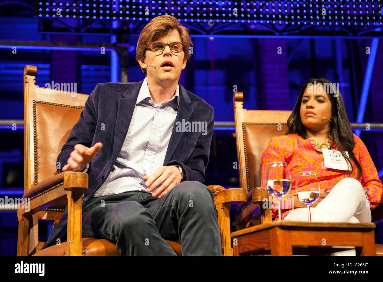 Amsterdam, The Netherlands. 24th May, 2016. Reshma Sohoni (Seedcamp) and Mattias Ljungman (Atomico) at the panel with Carmen Bermejo (Tetuan Valley) at Startup Fest Europe held in Amsterdam, The Netherlands on May 24, 2016. The Startup Fest Europe gathers international experts to discuss the latest innovations, products and services in all sorts of business fields from 24 to 28 May 2016. Foto: Maysun/dpa Stock Photo