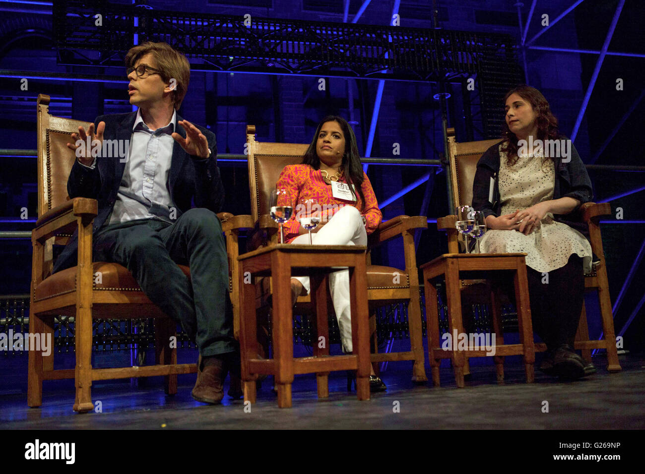 Panel with Reshma Sohoni (Seedcamp), Mattias Ljungman (Atomico) and Carmen Bermejo (Tetuan Valley) at Startup Fest Europe held in Amsterdam, The Netherlands on May 24, 2016. The Startup Fest Europe gathers international experts to discuss the latest innovations, products and services in all sorts of business fields from 24 to 28 May 2016. Photo: Maysun/dpa Stock Photo