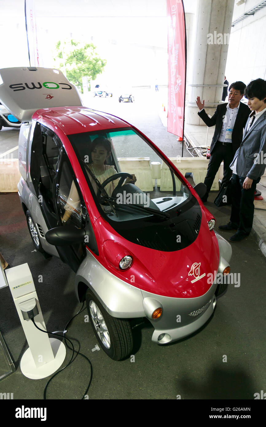 Yokohama, Japan. 25th May, 2016. A woman tests a Toyota Auto Body  super-compact electric vehicle at the ''Automotive Engineering Exposition  2016 Yokohama'' on May 25, 2016, in Yokohama, Japan. The annual event