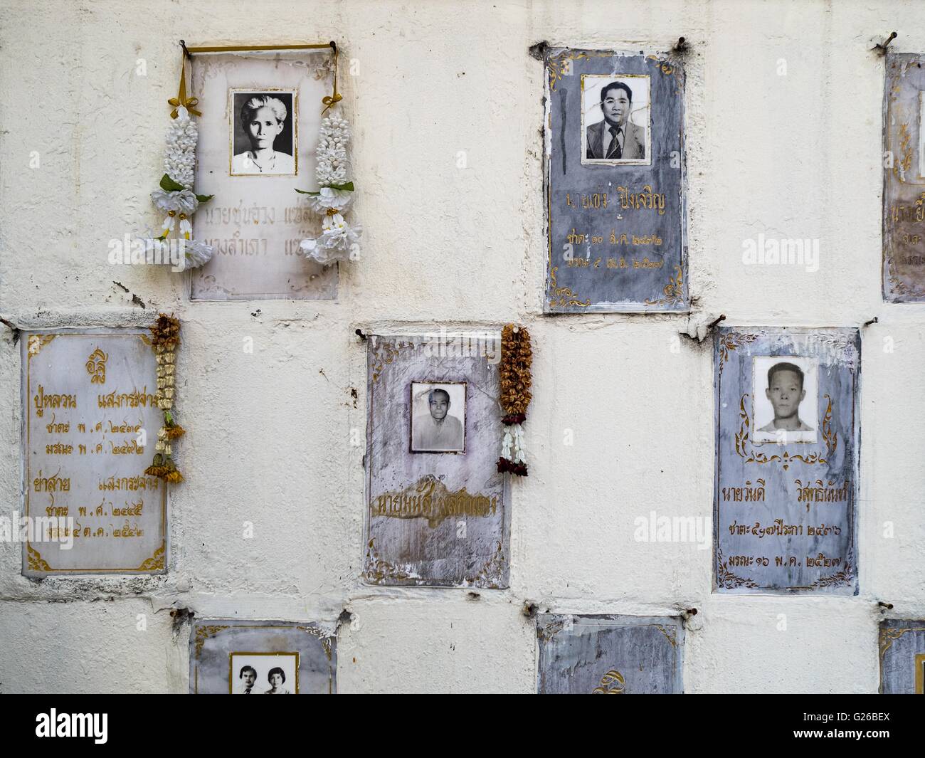May 25, 2016 - Bangkok, Bangkok, Thailand - People's ashes are interred in the wall that surrounds Wat Sriboonreung in the Ramkhamhaeng area of Bangkok. (Credit Image: © Jack Kurtz via ZUMA Wire) Stock Photo