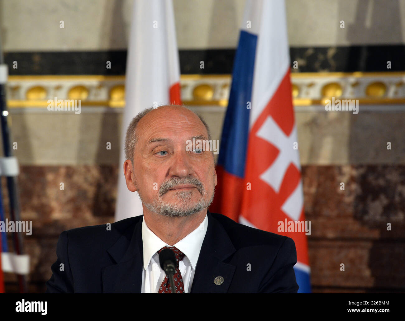 Liblice, Czech Republic. 25th May, 2016. Polish defence minister Antoni Macierewicz attends the meeting of Visegrad Four (V4) countries' defence ministers in Liblice, Czech Republic, May 25, 2016. Credit:  Katerina Sulova/CTK Photo/Alamy Live News Stock Photo