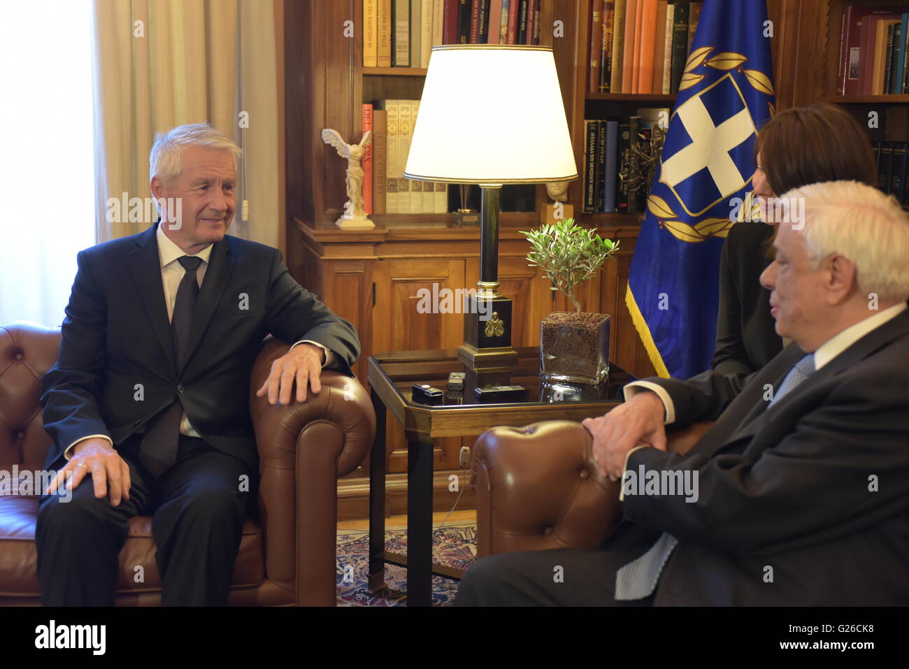 Athens, Greece. 25th May, 2016. General Secretary of Council of Europe, Mr. Thorbjorn Jagland (left) and President of the Hellenic Republic Mr. Prokopis Pavlopoulos (right), during their meeting in the Greek Presidential Mansion Credit:  Dimitrios Karvountzis/Pacific Press/Alamy Live News Stock Photo