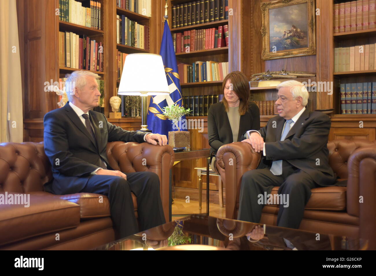 Athens, Greece. 25th May, 2016. General Secretary of Council of Europe, Mr. Thorbjorn Jagland (left) and President of the Hellenic Republic Mr. Prokopis Pavlopoulos (right), during their meeting in the Greek Presidential Mansion Credit:  Dimitrios Karvountzis/Pacific Press/Alamy Live News Stock Photo