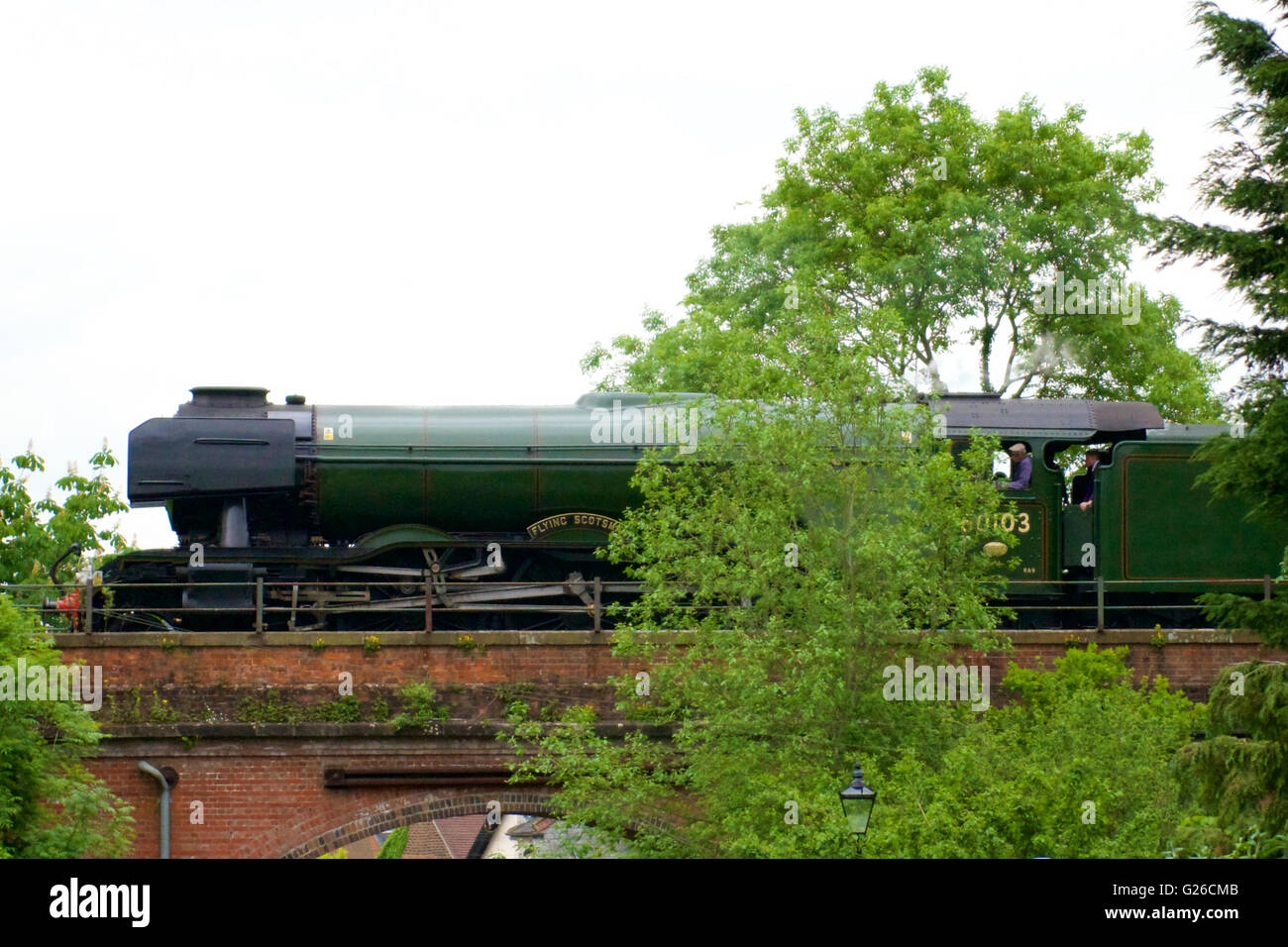 The Flying Scotsman 60103 Cathedrals Express crosses Nutley Lane Bridge as it steams through the Surrey Hills at Reigate, Surrey. 1428hrs Wednesday 25th May 2016 en route to London Victoria. Photo: Credit: Lindsay Constable / Alamy Live News Stock Photo