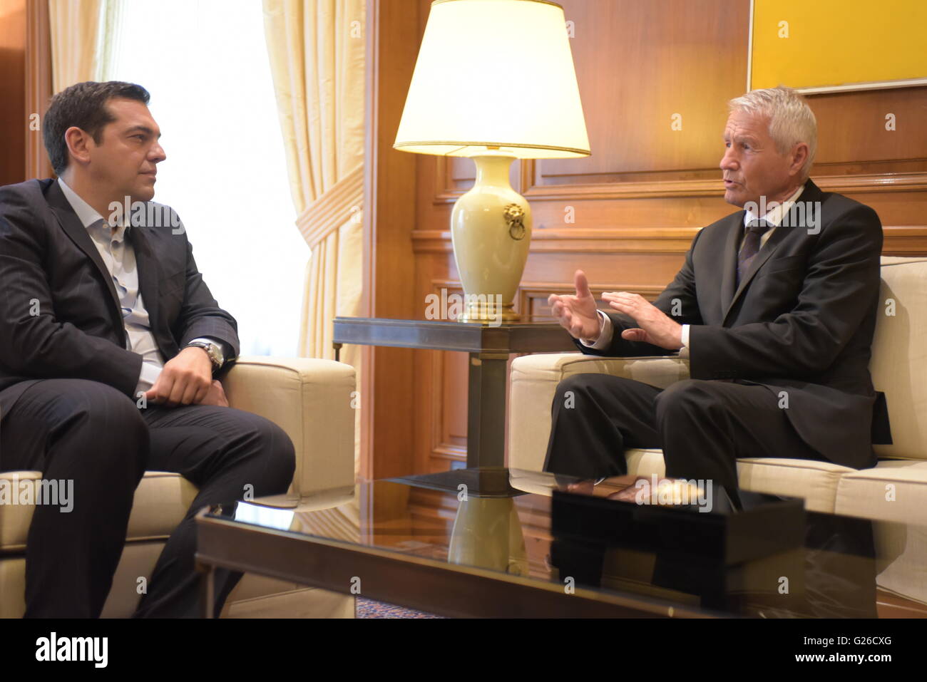 Conversation between Greek Prime Minister Mr. Alexis Tsipras (left) and of General Secretary of Council of Europe, Mr. Thorbjorn Jagland (right). (Photo by Dimitrios Karvountzis/Pacific Press) Stock Photo