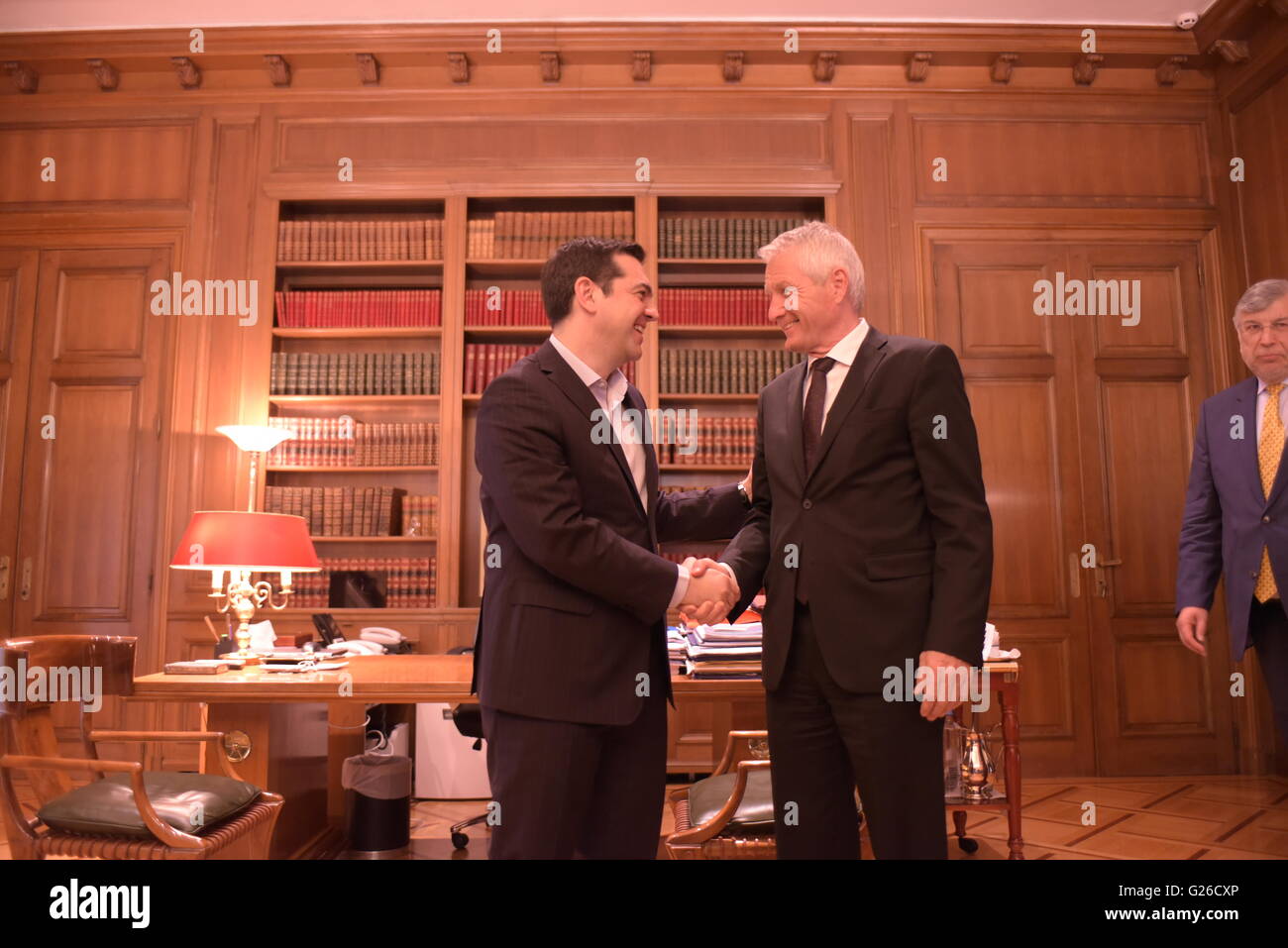 Handshake between Greek Prime Minister Mr. Alexis Tsipras (left) and  General Secretary of Council of Europe, Mr. Thorbjorn Jagland (right) (Photo by Dimitrios Karvountzis/Pacific Press) Stock Photo