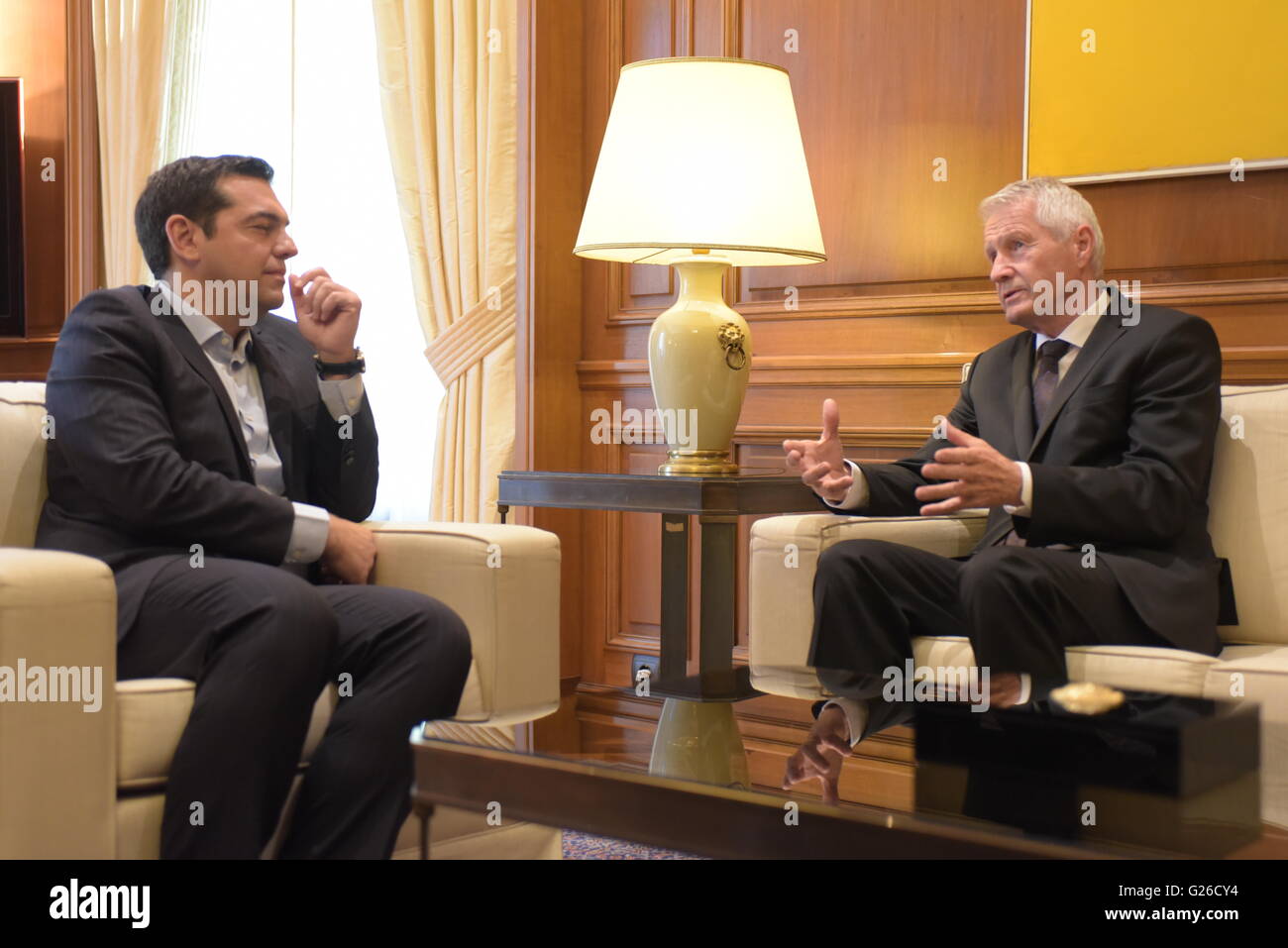 Conversation between Greek Prime Minister Mr. Alexis Tsipras (left) and of General Secretary of Council of Europe, Mr. Thorbjorn Jagland (right). (Photo by Dimitrios Karvountzis/Pacific Press) Stock Photo