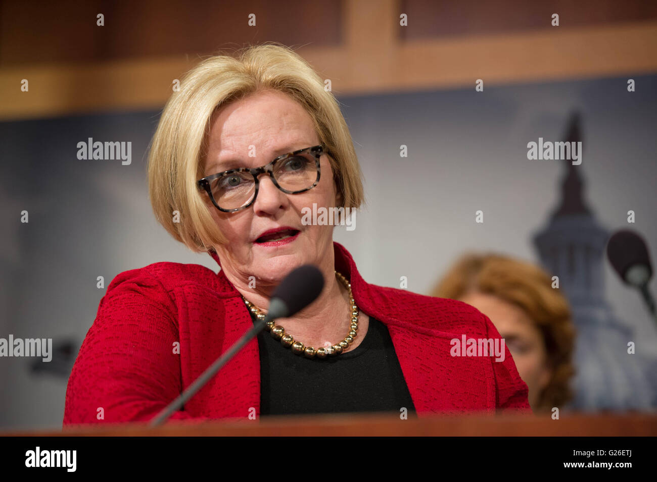 U.S Senator Claire McCaskill of Missouri joins fellow Democrats to call on Majority Leader Mitch McConnell to develop bipartisan solution for workers who face severe cuts to their pensions through Central States Pension Fund on Capitol Hill May 25, 2016 in Washington, DC. Stock Photo