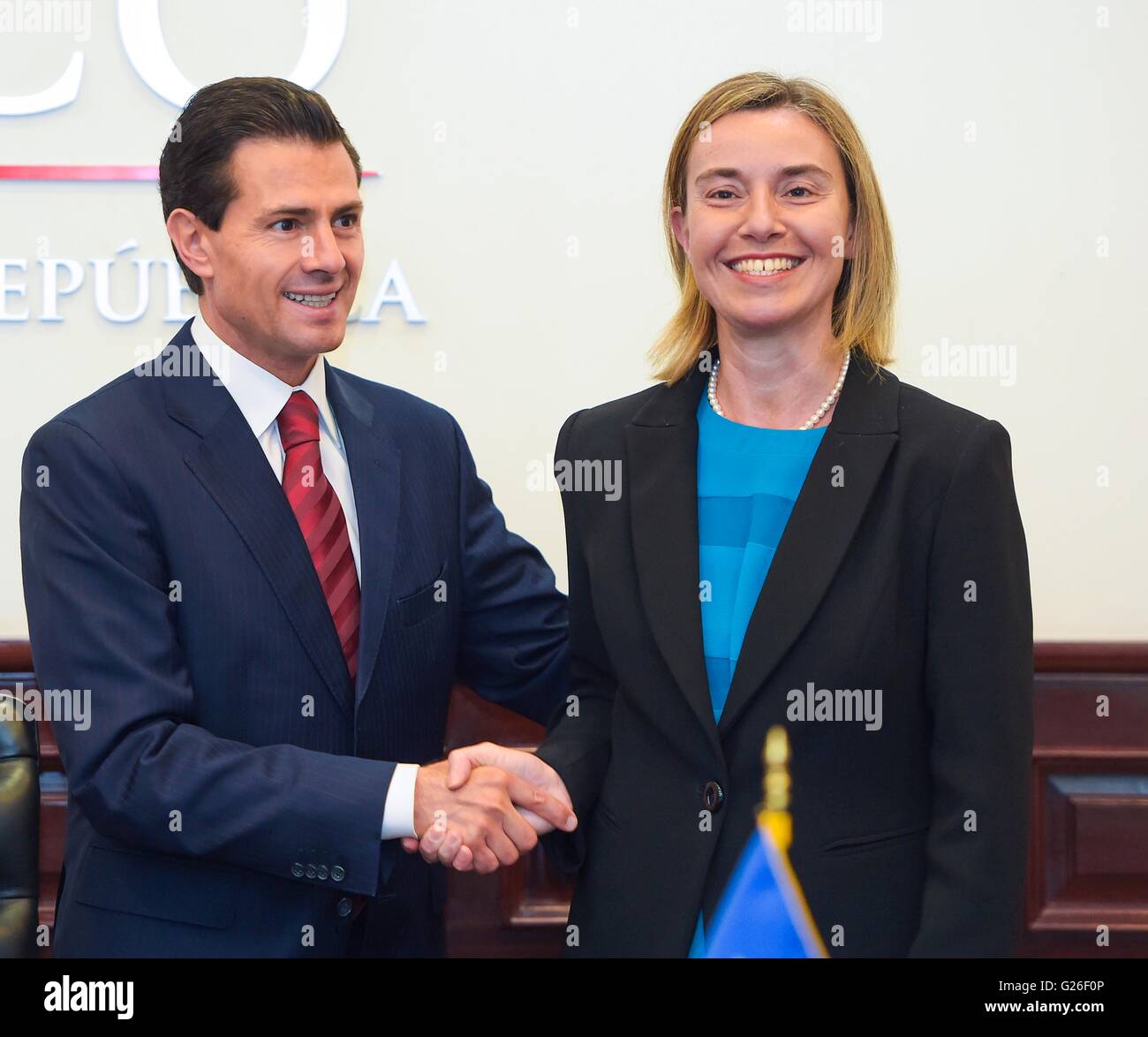 Mexican President Enrique Pena Nieto greets Federica Mogherini, High Representative of the EU for Foreign Affairs and Security Policy prior to the start of negotiations to update the Global Agreement between Mexico and the European Union May 25, 2016 in Mexico City, Mexico. Stock Photo