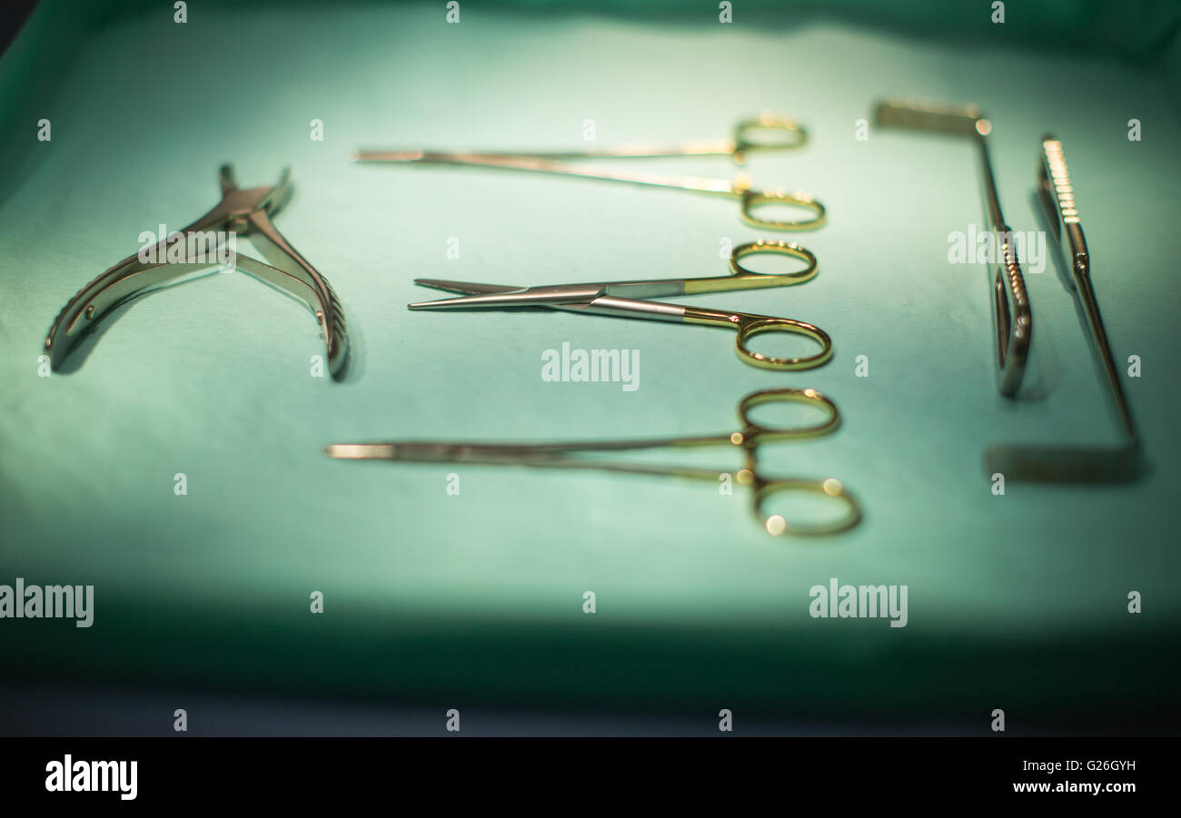 Sterile Surgical instruments laid out in the operating theatre before an operation Stock Photo
