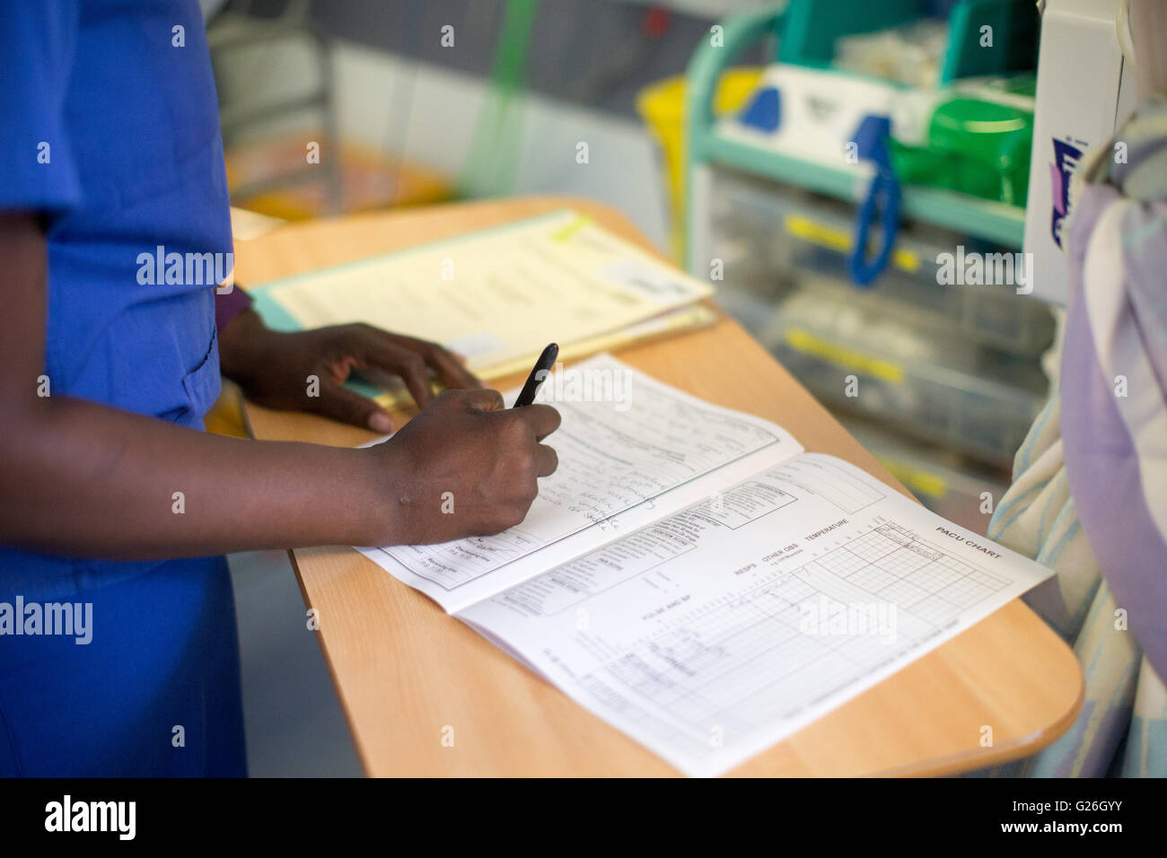 A nurse fills out patient notes in a hospital ward Stock Photo