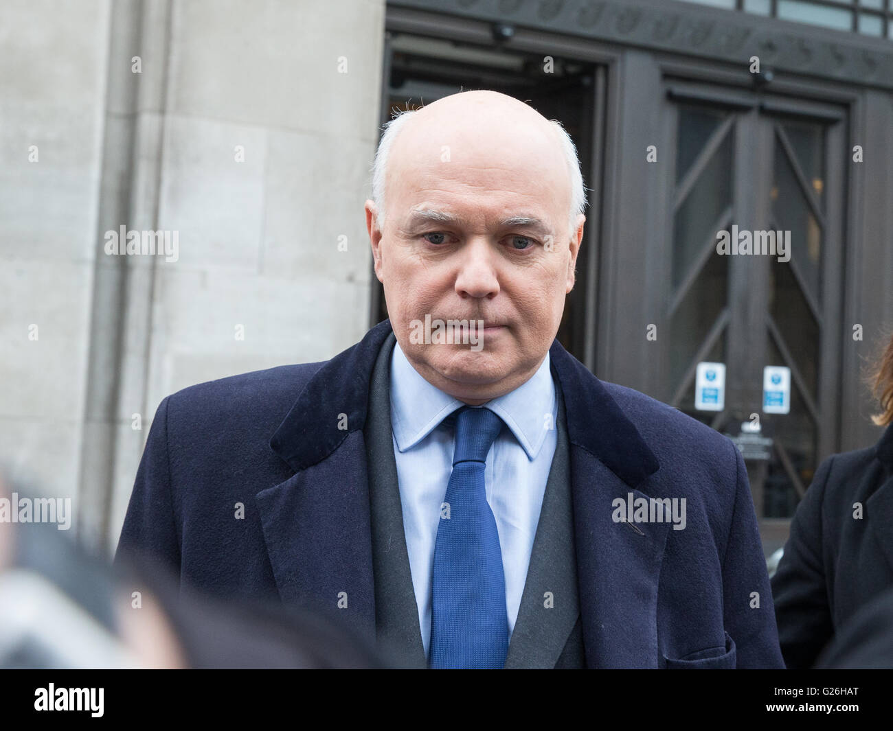 Iain Duncan Smith leaves the BBC after appearing on the Andrew Marr show following his resignation from the Cabinet Stock Photo