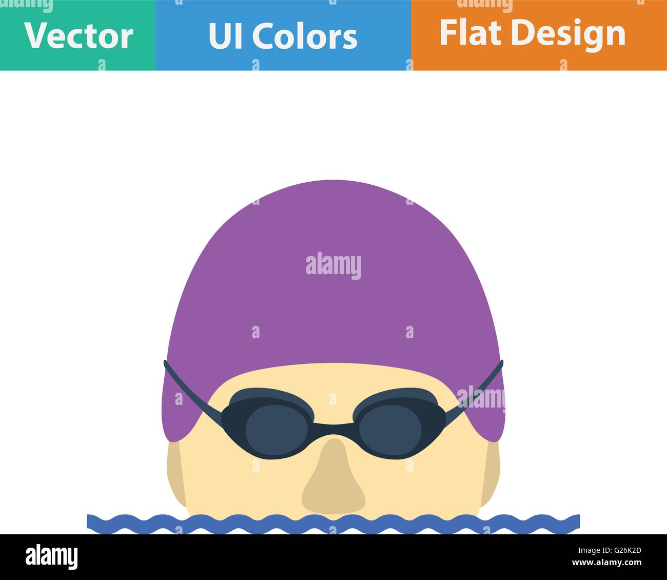 Flat design icon of Swimming man head with goggles and cap  in ui colors. Vector illustration. Stock Vector