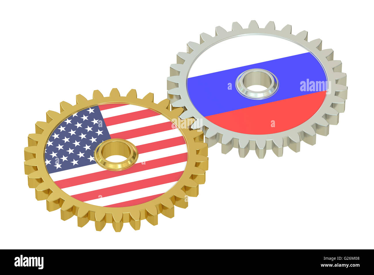 Russia and United States relations concept, flags on a gears. 3D rendering isolated on white background Stock Photo