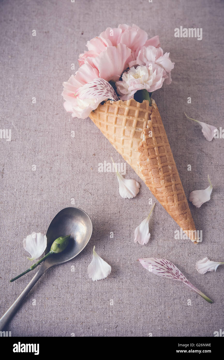 Pink carnation flowers in ice cream waffle cone,selective focus Stock