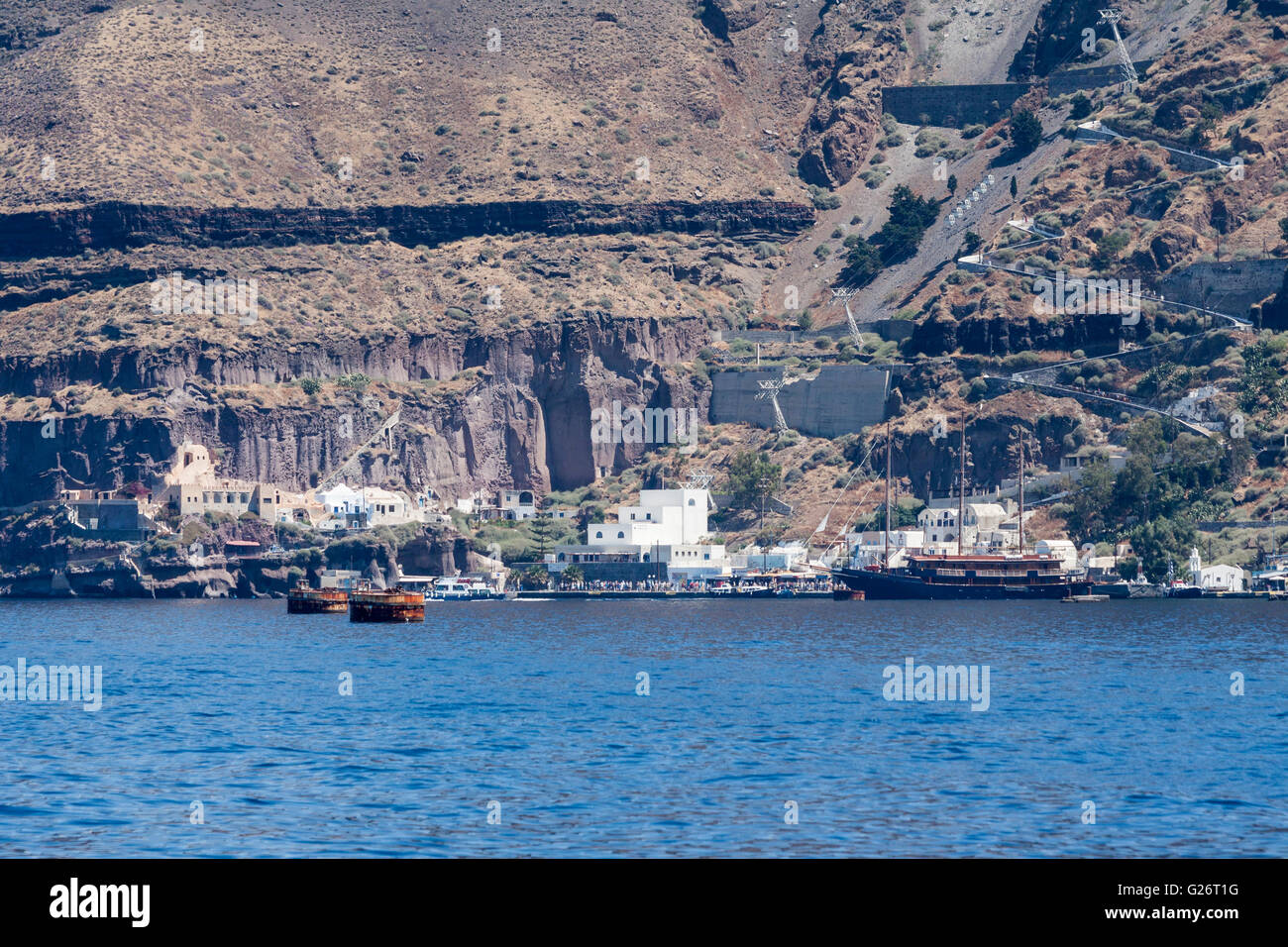 Santorini Caldera Greece Boats Stock Photo - Alamy