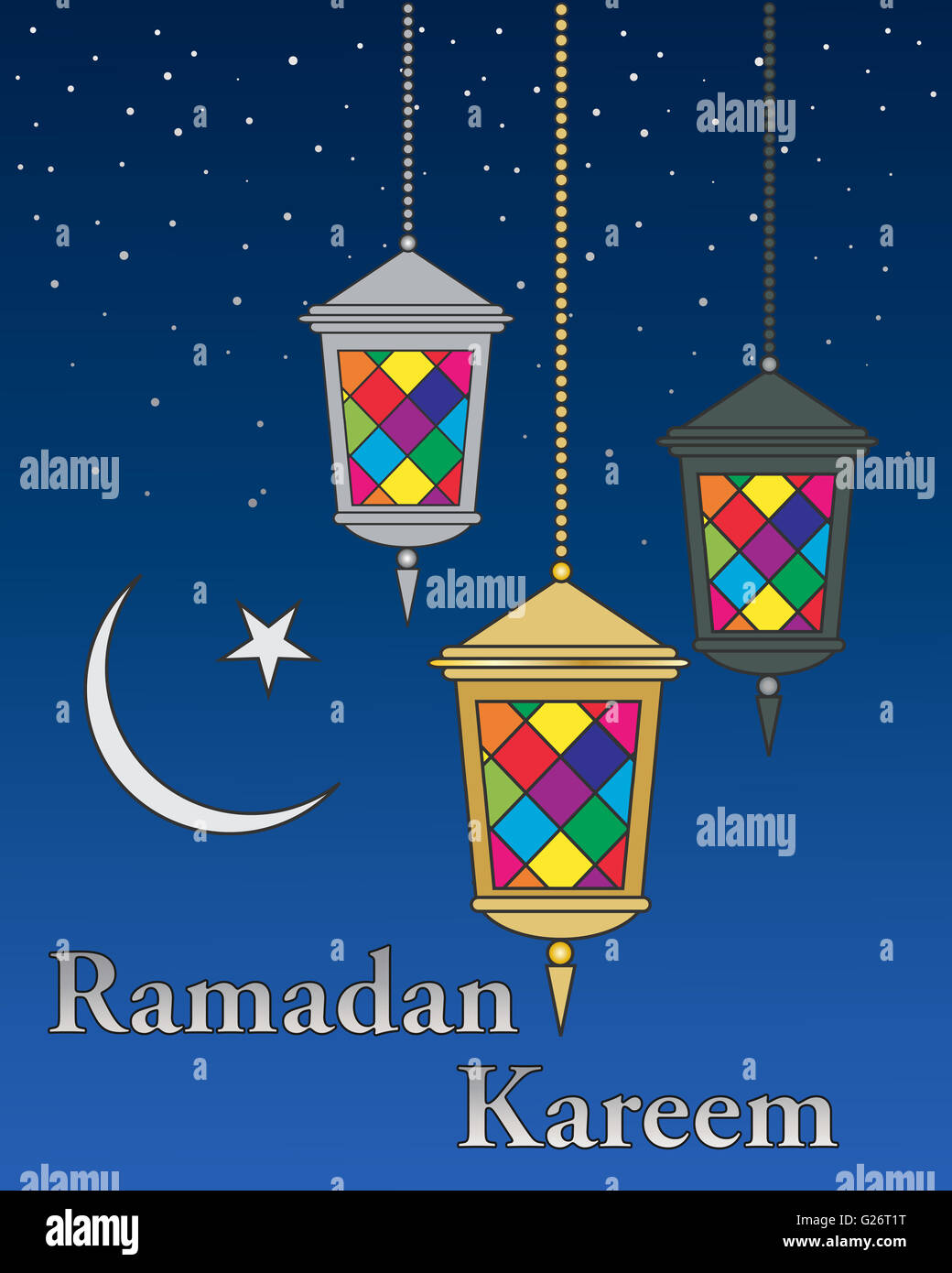 an illustration of three colorful Ramadan lanterns with Islamic moon and a starry night background Stock Photo