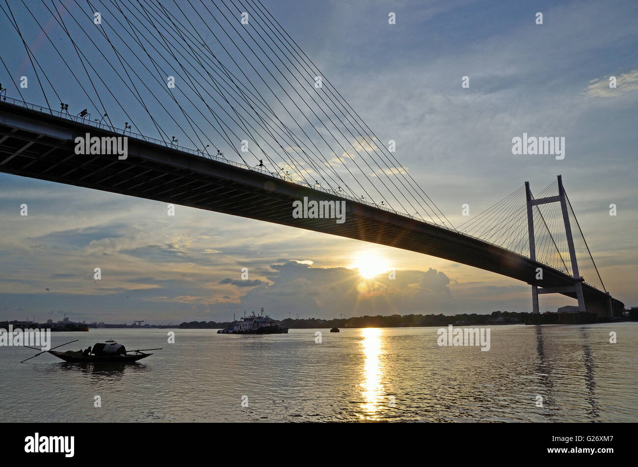 Second Hooghly Bridge at sunset, Kolkata, West Bengal, India Stock Photo