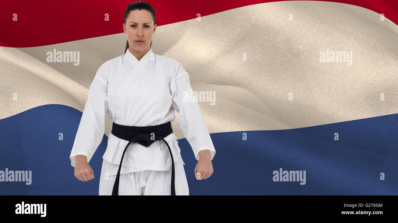 Composite image of female karate player posing on white background Stock Photo