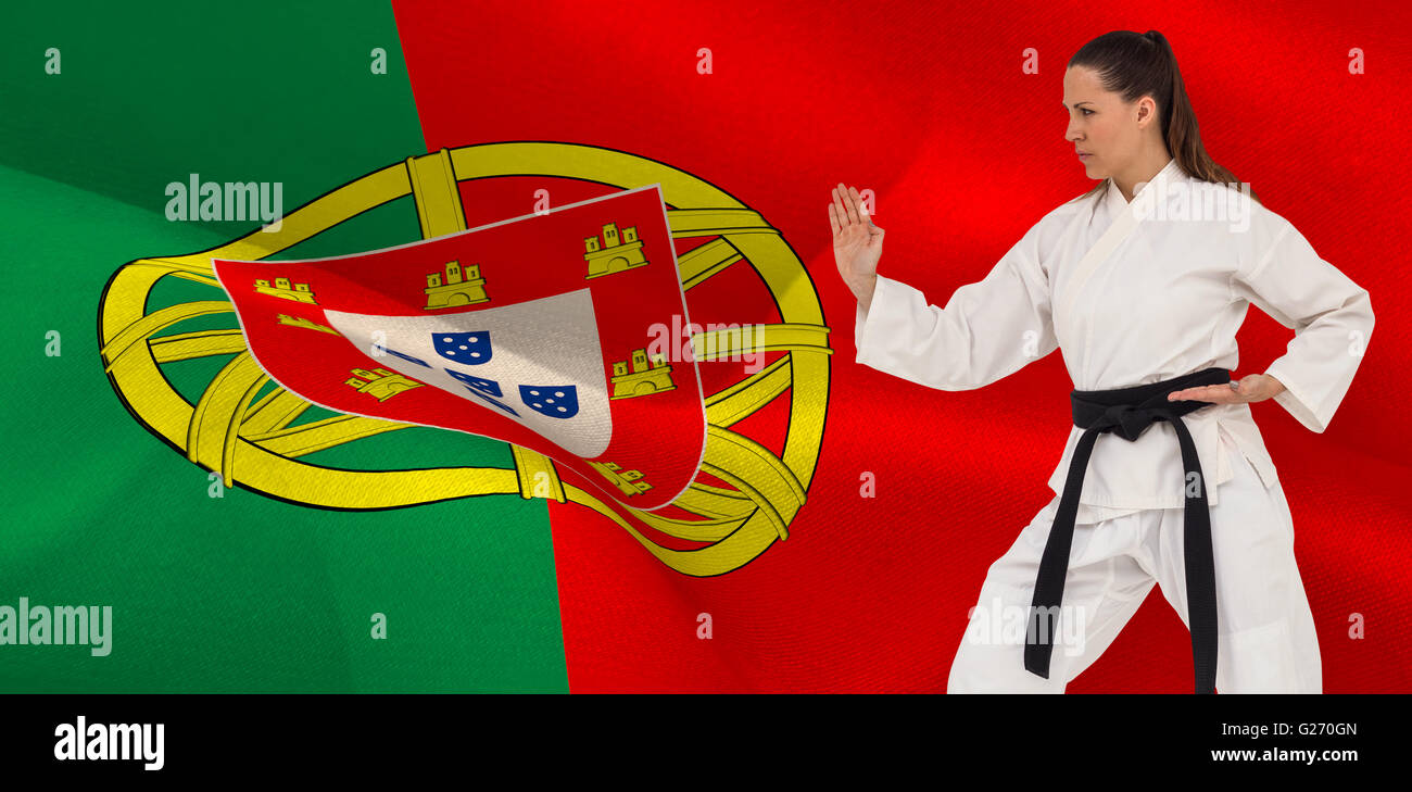Composite image of female fighter performing karate stance Stock Photo