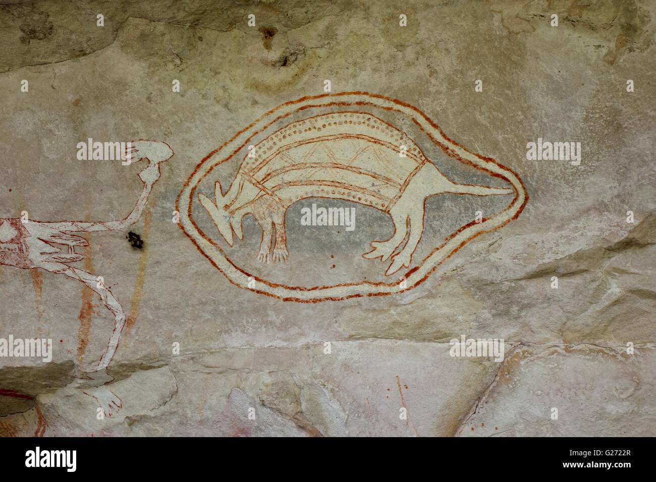 Ancient Aboriginal cave paintings known as 'rock art' found at Mount Borradaile, West Arnhem Land, Northern Territory, Australia Stock Photo