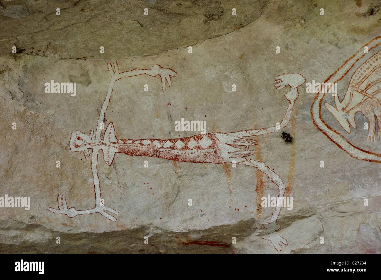 Ancient Aboriginal cave paintings known as 'rock art' found at Mount Borradaile, West Arnhem Land, Northern Territory, Australia Stock Photo